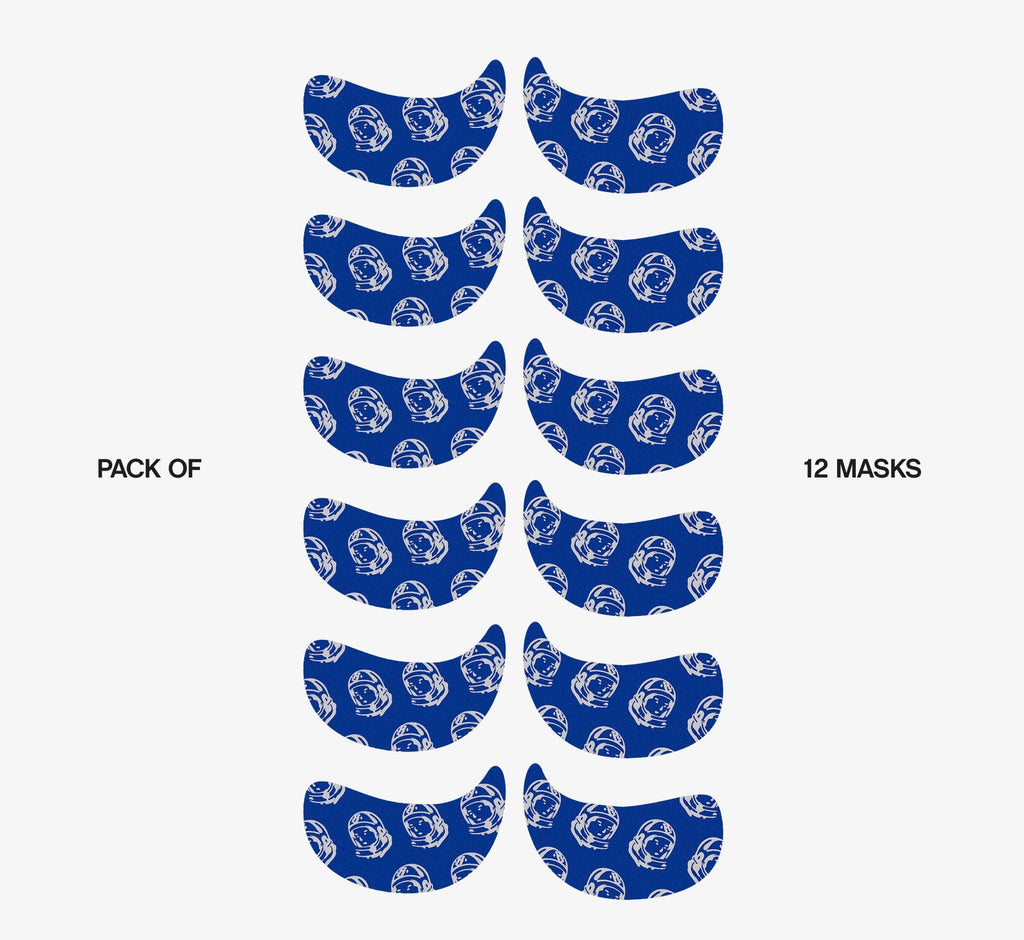Eye patches for puffiness from Topicals displayed as a full pack of 12 blue astronaut-print under-eye masks on a white background.